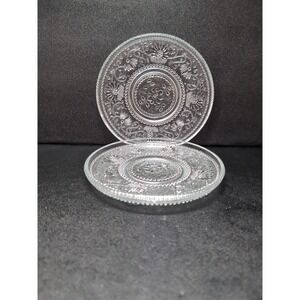 Blue Onion Bread Plates, Crystal Sandwich Glass, Flower Scroll‎ Design, Set Of 2